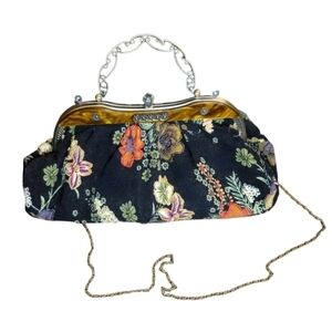 Vintage Floral Beaded Embroidered Metal Handle Corduroy Frame Clutch Evening Bag